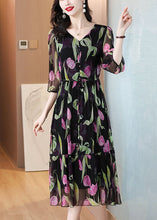 Load image into Gallery viewer, Boho Black V Neck Print Drawstring Chiffon Dress Summer