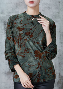 Boho Blackish Green Jacquard Silk Velour Shirts Spring