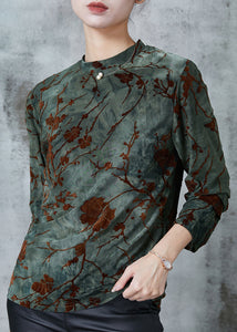 Boho Blackish Green Jacquard Silk Velour Shirts Spring