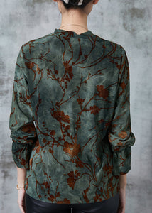 Boho Blackish Green Jacquard Silk Velour Shirts Spring