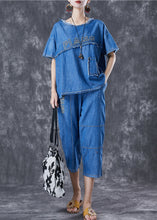 Load image into Gallery viewer, Boho Blue Letter Embroidered Patchwork Denim Two Pieces Set Summer