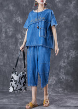 Load image into Gallery viewer, Boho Blue Letter Embroidered Patchwork Denim Two Pieces Set Summer