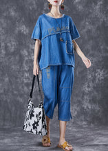 Load image into Gallery viewer, Boho Blue Letter Embroidered Patchwork Denim Two Pieces Set Summer