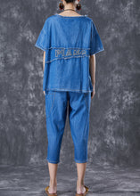 Load image into Gallery viewer, Boho Blue Letter Embroidered Patchwork Denim Two Pieces Set Summer