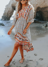 Load image into Gallery viewer, Boho Blue Print V Neck Chiffon Dress Half Sleeve