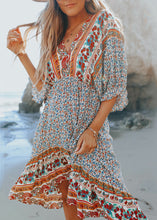 Load image into Gallery viewer, Boho Blue Print V Neck Chiffon Dress Half Sleeve