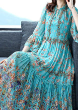 Load image into Gallery viewer, Boho Blue Ruffled Patchwork Print Silk Maxi Dress Flare Sleeve