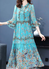 Load image into Gallery viewer, Boho Blue Ruffled Patchwork Print Silk Maxi Dress Flare Sleeve