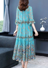 Load image into Gallery viewer, Boho Blue Ruffled Patchwork Print Silk Maxi Dress Flare Sleeve