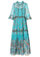 Load image into Gallery viewer, Boho Blue Ruffled Patchwork Print Silk Maxi Dress Flare Sleeve