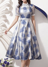 Load image into Gallery viewer, Boho Blue Ruffled Print Silk Dresses Short Sleeve