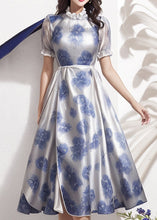 Load image into Gallery viewer, Boho Blue Ruffled Print Silk Dresses Short Sleeve