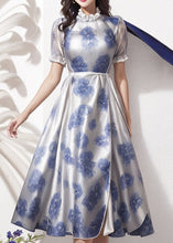 Load image into Gallery viewer, Boho Blue Ruffled Print Silk Dresses Short Sleeve