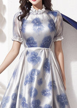 Load image into Gallery viewer, Boho Blue Ruffled Print Silk Dresses Short Sleeve