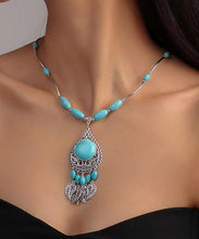 Load image into Gallery viewer, Boho Blue Sterling Silver Turquoise Water Drop Leaves Pendant Necklace