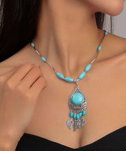 Load image into Gallery viewer, Boho Blue Sterling Silver Turquoise Water Drop Leaves Pendant Necklace