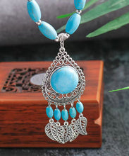 Load image into Gallery viewer, Boho Blue Sterling Silver Turquoise Water Drop Leaves Pendant Necklace