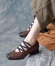 Load image into Gallery viewer, Boho Coffee Cross Strap Cowhide Leather High Heels