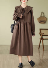 Load image into Gallery viewer, Boho Coffee Wrinkled Button Long Dress Long Sleeve