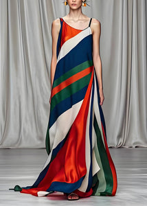 Boho Colorblock Cold Shoulder Draping Silk Long Dresses Sleeveless