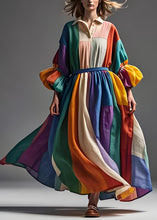 Load image into Gallery viewer, Boho Colorblock Peter Pan Collar Patchwork Cotton Dress Lantern Sleeve