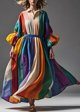 Load image into Gallery viewer, Boho Colorblock Peter Pan Collar Patchwork Cotton Dress Lantern Sleeve