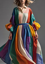 Load image into Gallery viewer, Boho Colorblock Peter Pan Collar Patchwork Cotton Dress Lantern Sleeve