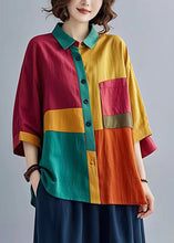 Load image into Gallery viewer, Boho Colorblock Peter Pan Collar Patchwork Linen Tops Bracelet Sleeve