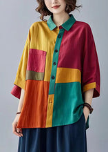 Load image into Gallery viewer, Boho Colorblock Peter Pan Collar Patchwork Linen Tops Bracelet Sleeve