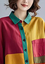 Load image into Gallery viewer, Boho Colorblock Peter Pan Collar Patchwork Linen Tops Bracelet Sleeve