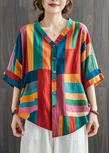 Load image into Gallery viewer, Boho Colorblock V Neck Striped Linen Blouse Top Summer