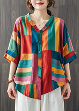 Load image into Gallery viewer, Boho Colorblock V Neck Striped Linen Blouse Top Summer