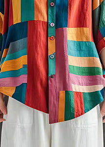 Boho Colorblock V Neck Striped Linen Blouse Top Summer