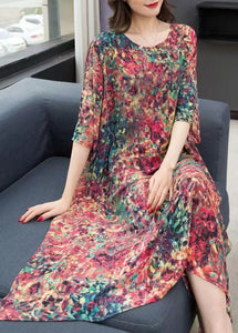 Boho Floral O Neck Print Side Open Patchwork Chiffon Dress Summer