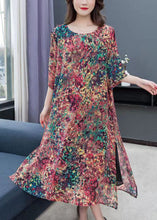 Load image into Gallery viewer, Boho Floral O Neck Print Side Open Patchwork Chiffon Dress Summer