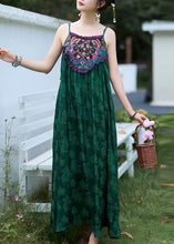 Load image into Gallery viewer, Boho Green Embroidered Jacquard Silk Spaghetti Strap Dress Sleeveless