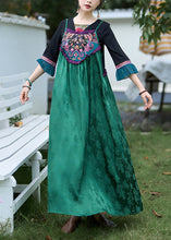 Load image into Gallery viewer, Boho Green Embroidered Jacquard Silk Spaghetti Strap Dress Sleeveless