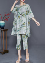 Load image into Gallery viewer, Boho Green O-Neck Leaf Print Linen Two Pieces Set Summer