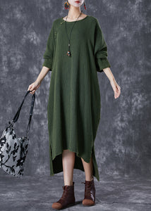 Boho Green Oversized Low High Design Linen Maxi Dresses Fall