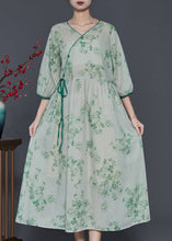 Load image into Gallery viewer, Boho Green Print Linen Long Dress Bracelet Sleeve