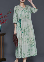 Load image into Gallery viewer, Boho Green Print Linen Long Dress Bracelet Sleeve