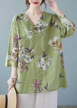 Load image into Gallery viewer, Boho Green V Neck Print Cotton Shirt Tops Bracelet Sleeve