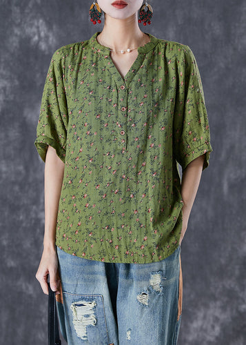 Boho Green V Neck Print Cotton Top Summer