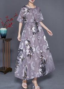 Boho Grey Cinched Print Chiffon Long Dresses Summer