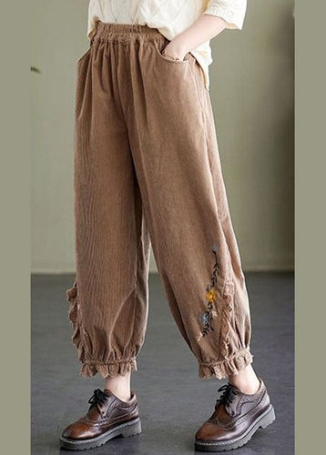 Boho Khaki Embroidered Patchwork Lace Warm Fleece Corduroy Crop Pants Spring