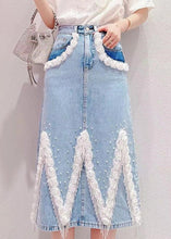 Load image into Gallery viewer, Boho Light Blue Tassel Patchwork High Waist Denim Skirt Summer