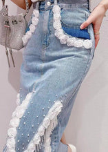 Load image into Gallery viewer, Boho Light Blue Tassel Patchwork High Waist Denim Skirt Summer