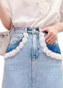 Boho Light Blue Tassel Patchwork High Waist Denim Skirt Summer