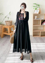 Load image into Gallery viewer, Boho Loose Black O Neck Embroidered Patchwork Silk Dress Summer