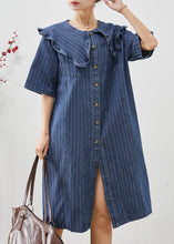 Load image into Gallery viewer, Boho Navy Peter Pan Collar Striped Denim Mid Dress Summer